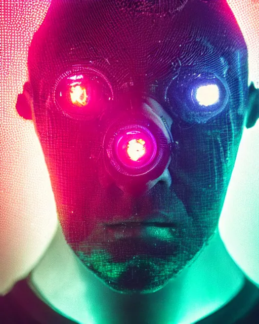 Prompt: dramatic cyberpunk portrait of a metallic featureless face, crystalline, red glow, green glow, blue glow, atmospheric haze, intense shading, chromatic aberration, glitch, backlit, bokeh, centered