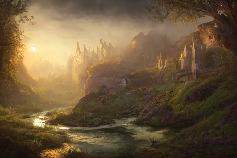 Prompt: fantasy painting, dungeons and dragons, medieval village with a stream in a forested valley, sunset with ominous shadows, a bunny by jessica rossier and brian froud cinematic painting