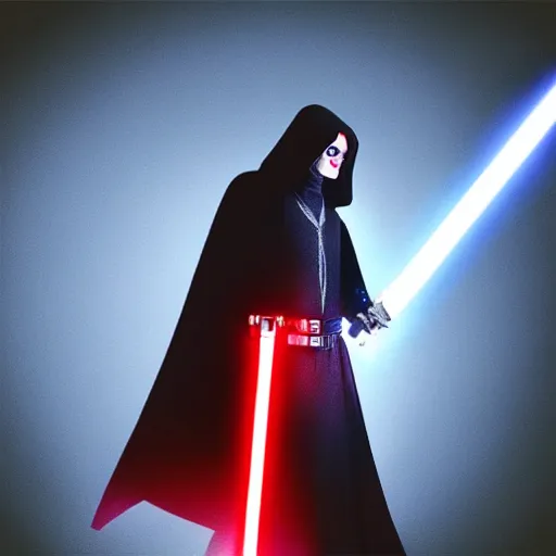 Image similar to “Michael Jackson as Emperor Palpatine wielding a glowing red lightsaber, cinematic lighting, action, explosions, highly detailed, 8k resolution”