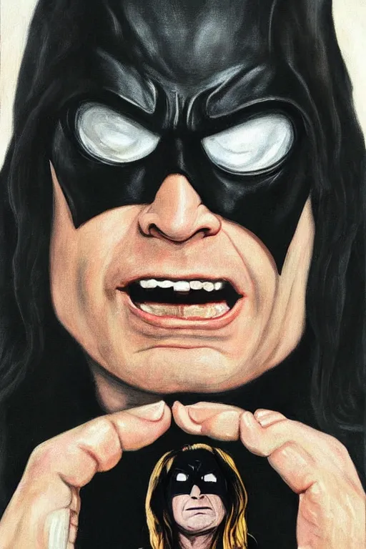 Prompt: portrait of Ozzy Osbourne as batman, art by Carel Fabritius