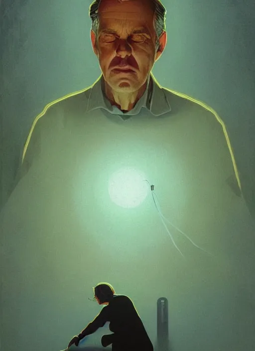 Prompt: poster artwork by Michael Whelan and Tomer Hanuka, Karol Bak of portrait of Terrence Malick, from scene from Twin Peaks, clean, simple illustration, nostalgic, domestic, full of details