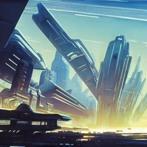 Prompt: futuristic city seen from afar from a wasteland, daylight, blue sky, cinematic lighting, blue sky, syd mead, john harris