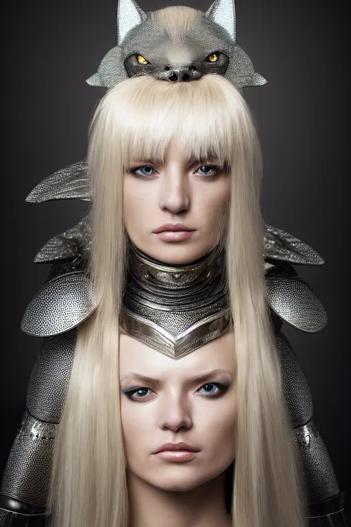 Image similar to female knight wearing a real cat on her head, armor designed by wayne barlowe, swarovski and tiffany, blonde hair, symmetry, sci - fi, cinematic, elegant, luxury, perfect light, perfect composition, dlsr photography, sharp focus, dark fantasy, 8 k, ultra hd, sense of awe, highly detailed, realistic, intricate