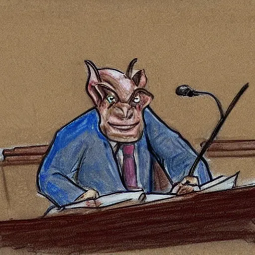 Image similar to a vivid courtroom sketch of a goblin testifying on trial,