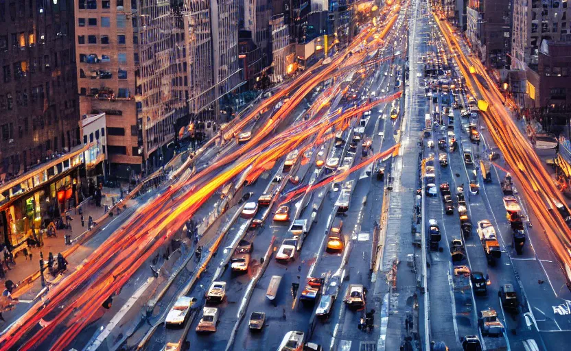 Image similar to busy nyc street , dense traffic , metro train on bridge over street, cinematic lighting, still photo