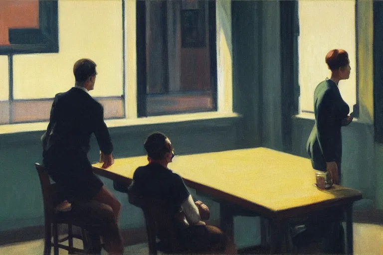 Image similar to 2 people arguing , in the style of Edward Hopper