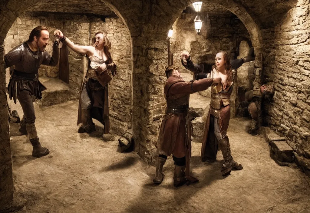 Image similar to photography emma watsons fight with nicholas cage in a medieval wine cellar detailed matte painting, cinematic