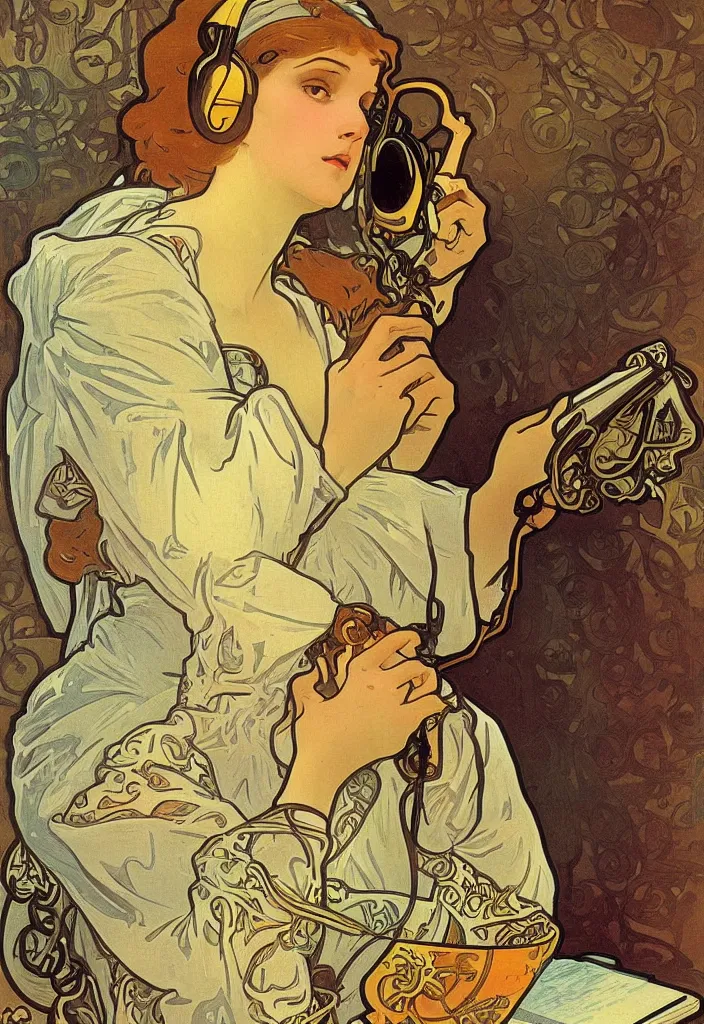 Prompt: good morning, by alphonse mucha 1 8 9 6. pretty girl with big headphones and cozy hoodie, laptop, hot coffee, window, sunrise