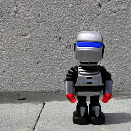 Prompt: Plasticine Robocop standing in an alley