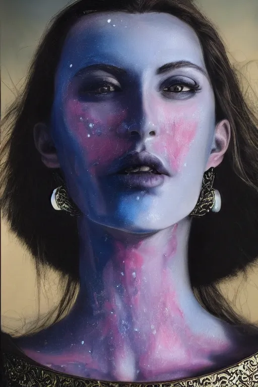 Image similar to hyperrealism oil painting, close - up portrait of european medieval brunette vampire fashion model, knight, steel gradient mixed with nebula sky, in style of baroque