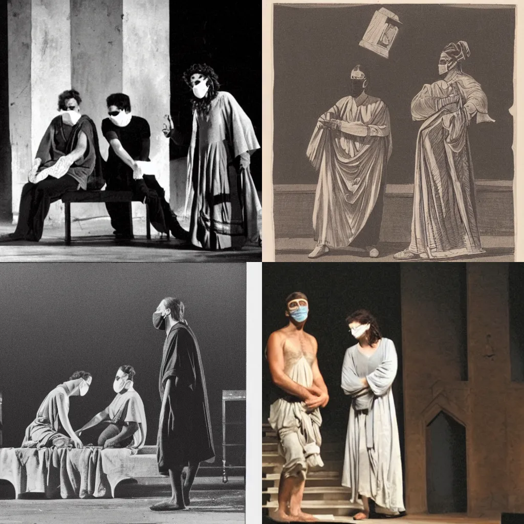 Prompt: still from a play by euripides set in an athenian theater. the actors wear masks