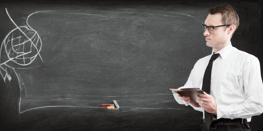 Image similar to male accountant examining the mysteries of tarot cards on a blackboard, background is chalk and blackboard, matte painting, high quality