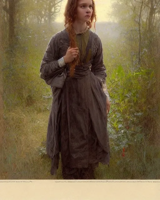 Image similar to a realistic portrait painting of a thoughtful girl resembling a young, shy, redheaded alicia vikander or millie bobby brown wearing a clear raincoat, highly detailed, intricate, concept art, artstation, by donato giancola, alphonse mucha, and william bouguereau