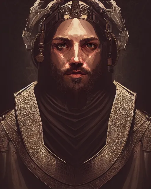 Image similar to a portrait of a medieval king, cyberpunk, grim - lighting, high - contrast, intricate, elegant, highly detailed, digital painting, artstation, concept art, smooth, sharp focus, illustration