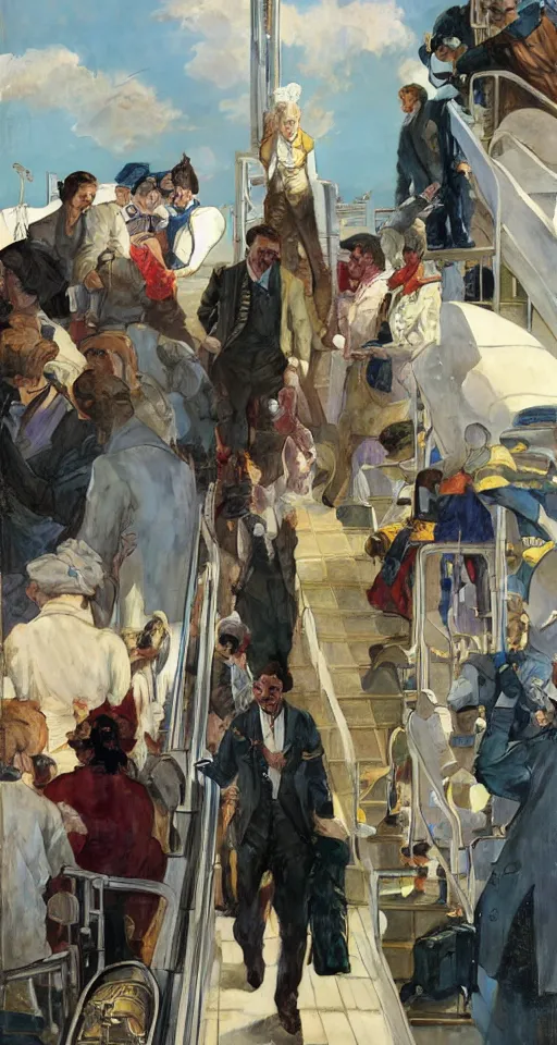 Prompt: Doctor disembarking from a plane at Heathrow terminal, sun shining, photo realistic illustration by greg rutkowski, thomas kindkade, alphonse mucha, loish, norman rockwell.