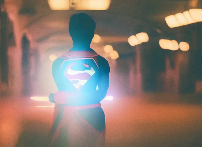 Prompt: symmetry!! a 3 5 mm photo from the back of a superhero wearing a cape, splash art, movie still, bokeh, canon 5 0 mm, cinematic lighting, dramatic, film, photography, golden hour, depth of field, award - winning, anamorphic lens flare, 8 k, hyper detailed, 3 5 mm film grain