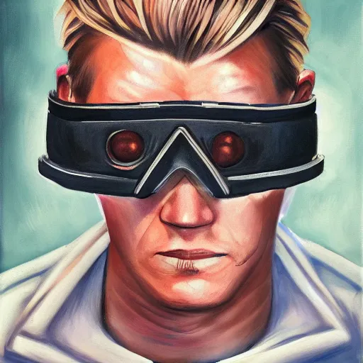 Image similar to painting of square - jawed emotionless serious blonde woman starship engineer, tribal tattoos, handsome, short slicked - back hair, sweating, uncomfortable and anxious, looking distracted and awkward, wearing victorian dark goggles, flight suit and gloves, small spacecraft in background, highly detailed, mike mignogna, trending on artstation