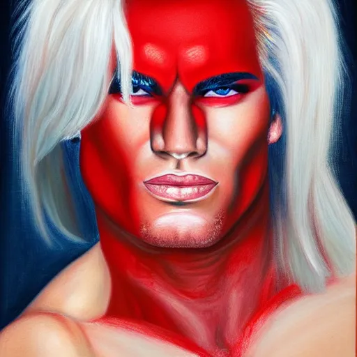 Prompt: buffed guy, long white hair, horns, red eye makeup, painting by by ralph grady james, jean christian biville