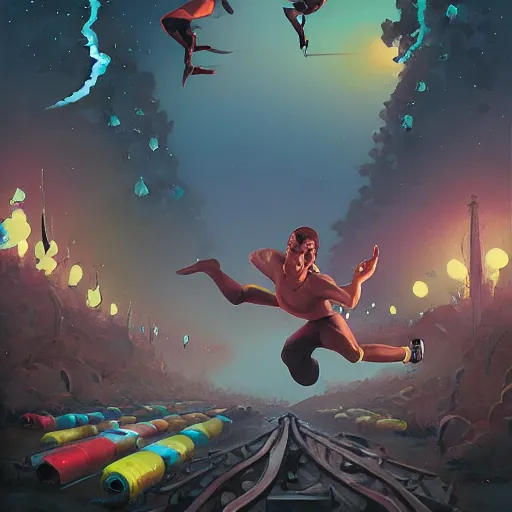 Prompt: cinematic painting of qwop!!!!!!!!!!!!!!!!! running down the trackby alvaro castagnet, peter mohrbacher and dan mumford, kinetic, motion, athletic, running