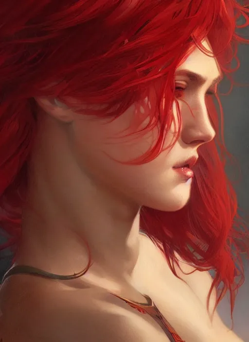 Prompt: Red short hair portrait of a man, fantasy, intricate, elegant, highly detailed, digital painting, artstation, concept art, smooth, sharp focus, illustration, art by artgerm and greg rutkowski and alphonse mucha