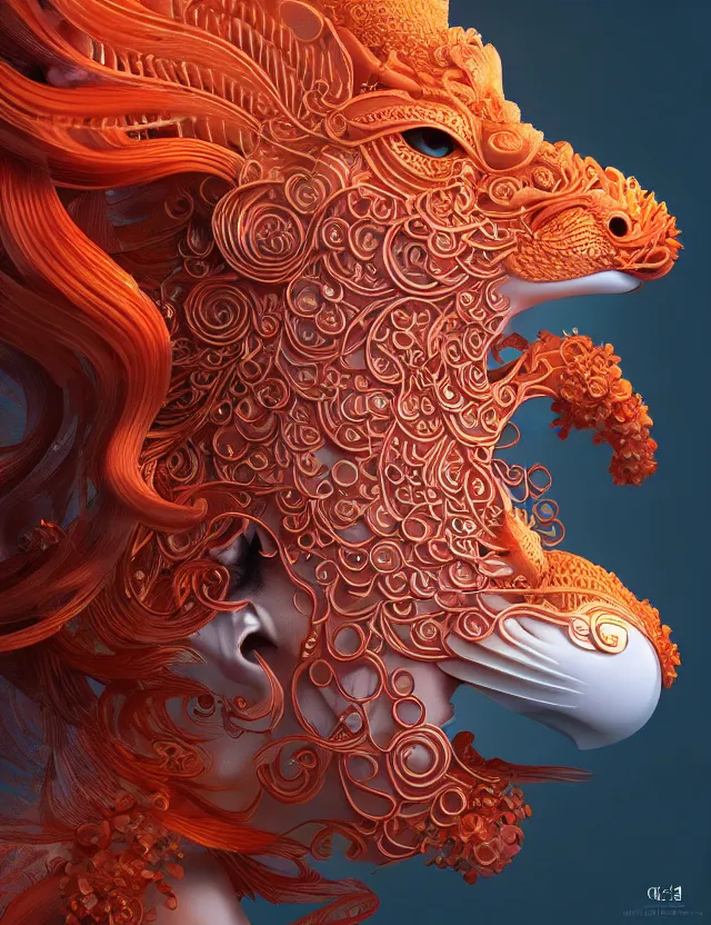 Image similar to 3 d goddess close - up profile portrait. beautiful intricately detailed japanese autumn fox mask and clasical japanese kimono. betta fish, jellyfish phoenix, bio luminescent, plasma, ice, water, wind, creature, artwork by tooth wu and wlop and beeple and greg rutkowski