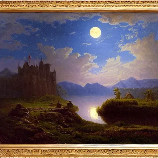 Image similar to an exceptional oil landscape painting of a medieval castle on a beautiful landscape with lake, forest, jagged mountains in the distance, the moon is ultra high resolution in the sky, high resolution albert bierstadt