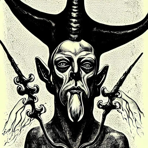 Image similar to graphic illustration, creative design, aleister crowley as baphomet, biopunk, francis bacon, highly detailed, hunter s thompson, concept art