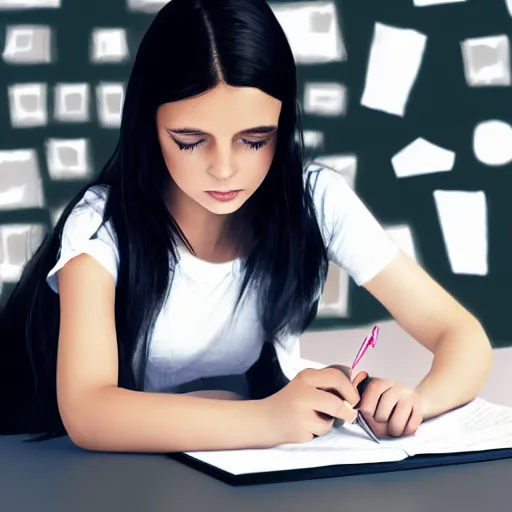 Image similar to young girl with black hair writing a paper about fake news, digital art,