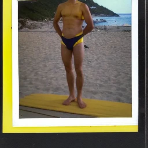 Prompt: Polaroid picture of Adam Ramazanov wairing a yellow bathing suit. Focus on the face. Beach in the background. Smooth, full colour. 8k