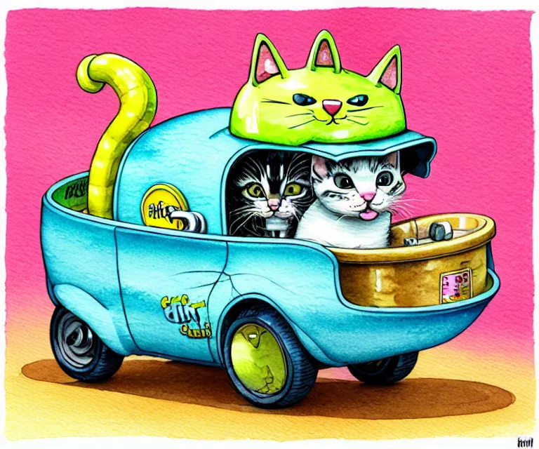 Prompt: cute and funny, kitten wearing a cookpot helmet driving a catnip truck like they stole it, ratfink style by ed roth, centered award winning watercolor pen illustration, isometric illustration by chihiro iwasaki, edited by craola, tiny details by artgerm and watercolor girl, symmetrically isometrically centered