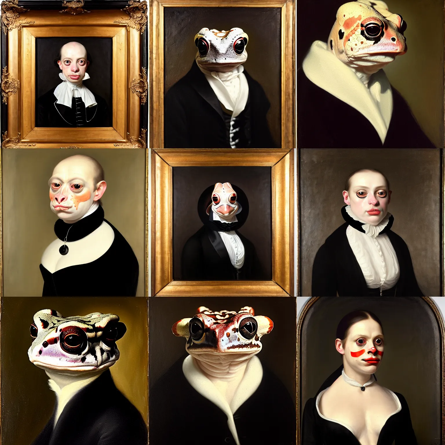 Prompt: a head - and - shoulders portrait of an amazon milk frog wearing a black frock coat with a white ascot, an american romanticism painting, a portrait painting, cgsociety, soft focus, oil on canvas