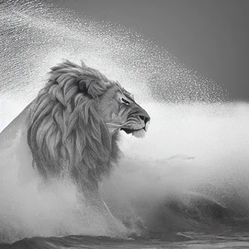 Image similar to a lion's face breaching through a wave, stormy weather