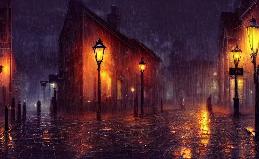 Image similar to a blurry ambient lantern in the distance of a rainy victorian village at night, dynamic lighting, ambient lighting, atmospherical, photorealistic fantasy concept art, trending on art station, stunning visuals, creative, cinematic, ultra detailed