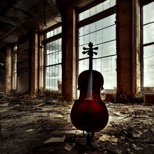 Image similar to abandoned steampunk factory with a Lonely cello, cinematic light,