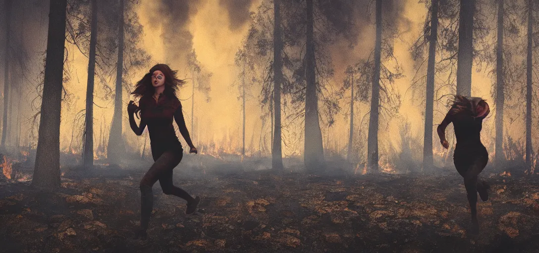 Prompt: full portrait of a young woman running from a forest fire, smoke, flames, dark, gloomy, horror, screaming, insanely detailed, photorealistic, cinematic, dramatic lighting,