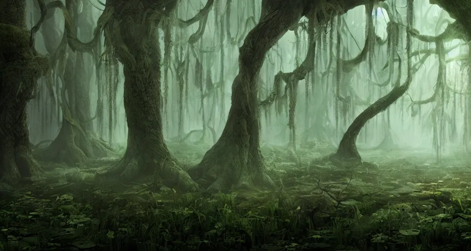 Image similar to A dense and dark enchanted forest with a swamp, by CGSociety