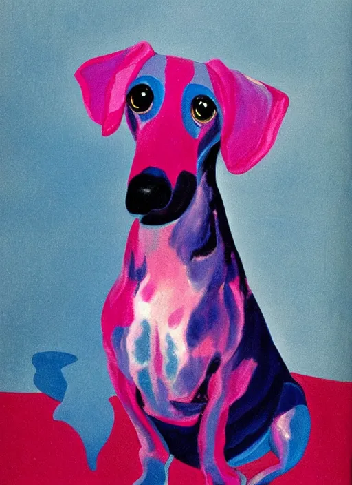 Image similar to Pink and Blue dachshund, painted by Georgia O'Keeffe