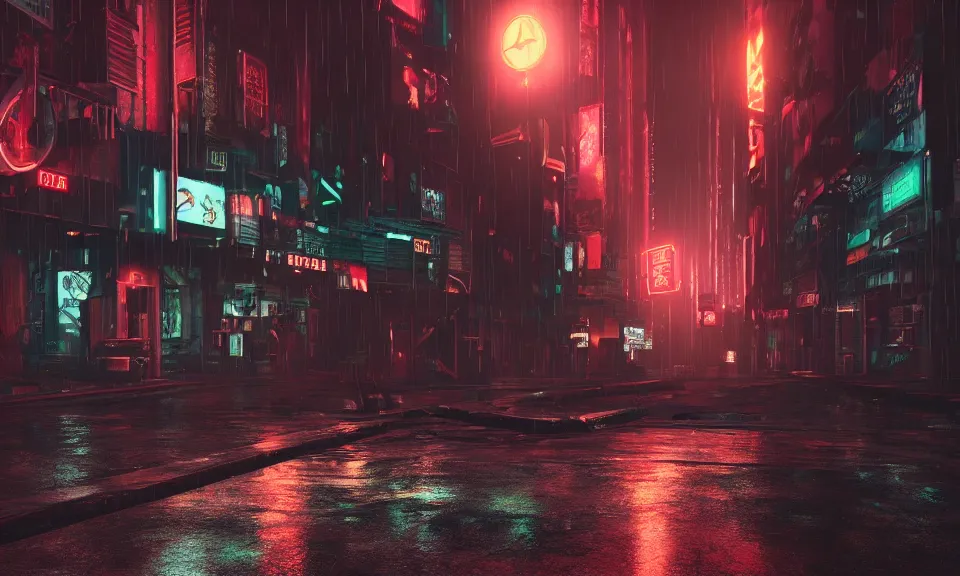Prompt: a dark cyberpunk street scene with neon lights, raining, a lonely cyborg sits on the floor, unreal engine 5, shallow depth of focus, 4k uhd wallpaper