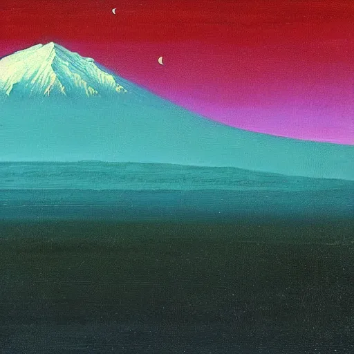 Prompt: mt elbrus at night, the moon refraction distorted edges, arkhip kuindzhi painting, teal palette