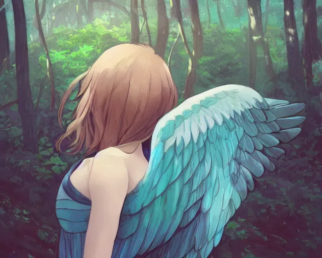 Image similar to a girl with two wings on her back in a forest. She has TWO wings on her back!!! Angel! Two blue wings!! She is facing the camera!!! Close up!! Front shot!! By Makoto Shinkai, trending on ArtStation, digital art.