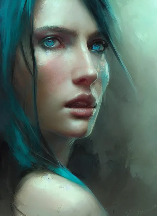 Prompt: beautiful female face, turqoise hair, by jeremy mann, by greg rutkowski, by noah bradley, digital painting