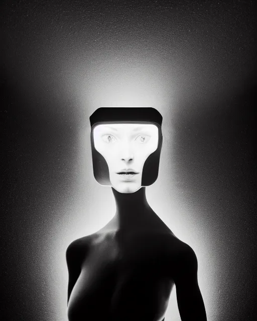 Image similar to black and white high quality photo of a beautiful female AI vegetal-cyborg looking into a sci-fi mirror, volumetric lighting, liminal space, brutalism, foggy, dreamy, hyperdetailed, bokeh, photorealistic, cinematic, masterpiece, elegant, dark, by Man Ray in the style of Horst P. Horst, octane render, 8K,