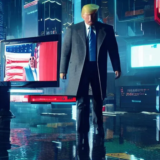 Image similar to donald trump in cyberpunk 2 0 7 7 as an evil corporation leader, technological, movie footage, high - tech, still frame