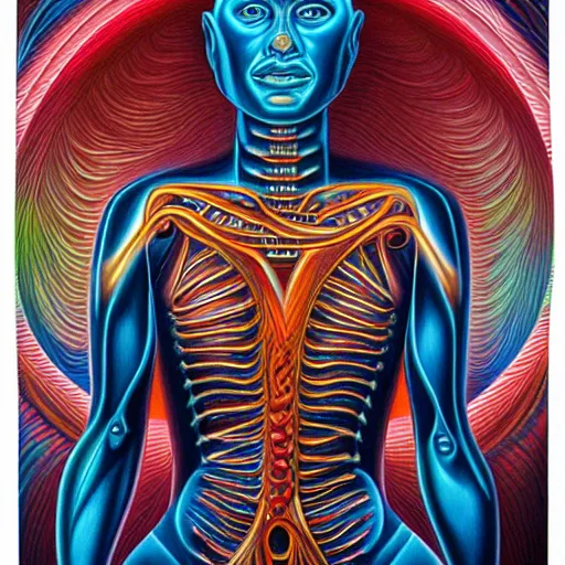 Prompt: enlightened biomechanical a. i, oil painting by alex grey