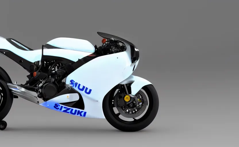 Prompt: suzuki prototype, racing motorbike, symmetrical mechanical features, designed by pininfarina, smoke, elegant design, northen lights background, brushed white and blue paint, black wheel rims, hard surfaces modelling, futuristic, show room scene, dramatic lighting, hyper realistic rendering, made in fusion solidworks, bokeh effect, 1 5 0 mm, 4 k