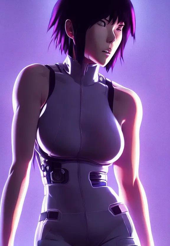 Image similar to a fullbody portrait of motoko kusanagi ghost in the shell, finely detailed features : : gits sac twenty forty five netflix : : by ilya kuvshinov, rossdraws, artgerm, sola digital arts, production ig, volumetric lighting, anti aliasing, raytracing : :