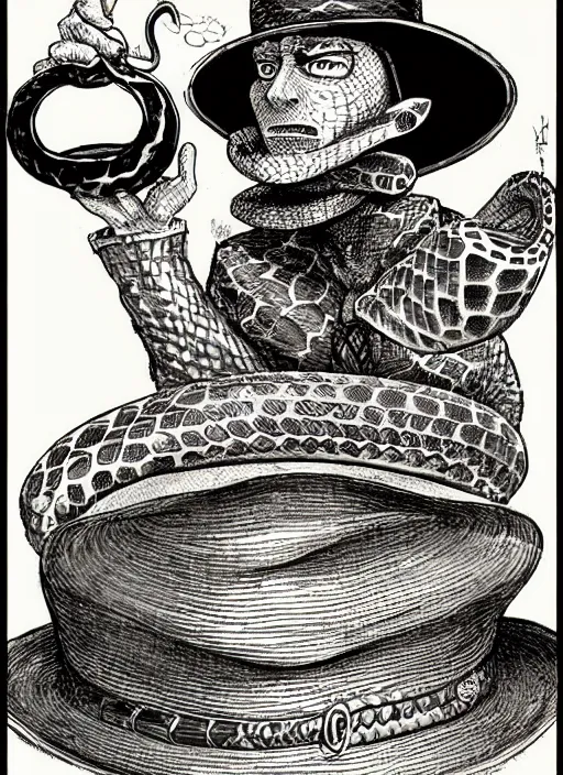 Prompt: portrait of a snake oil salesman wearing a snake suit and wide brimmed hat offering you a bottle of serum formula, art by Kentaro Miura