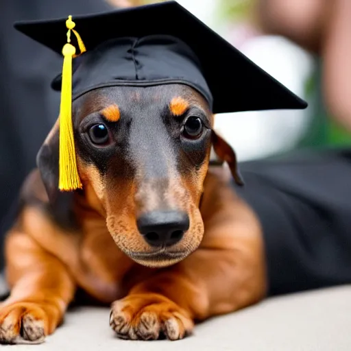 Prompt: black and tan dachshund, graduation, tiny