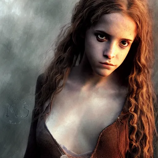 Image similar to dressed Hermione Granger in tattoos, by luis royo, beautiful eyes, by Aggi Erguna, top cinematic lighting, cinematic mood, hyperrealism, high detail