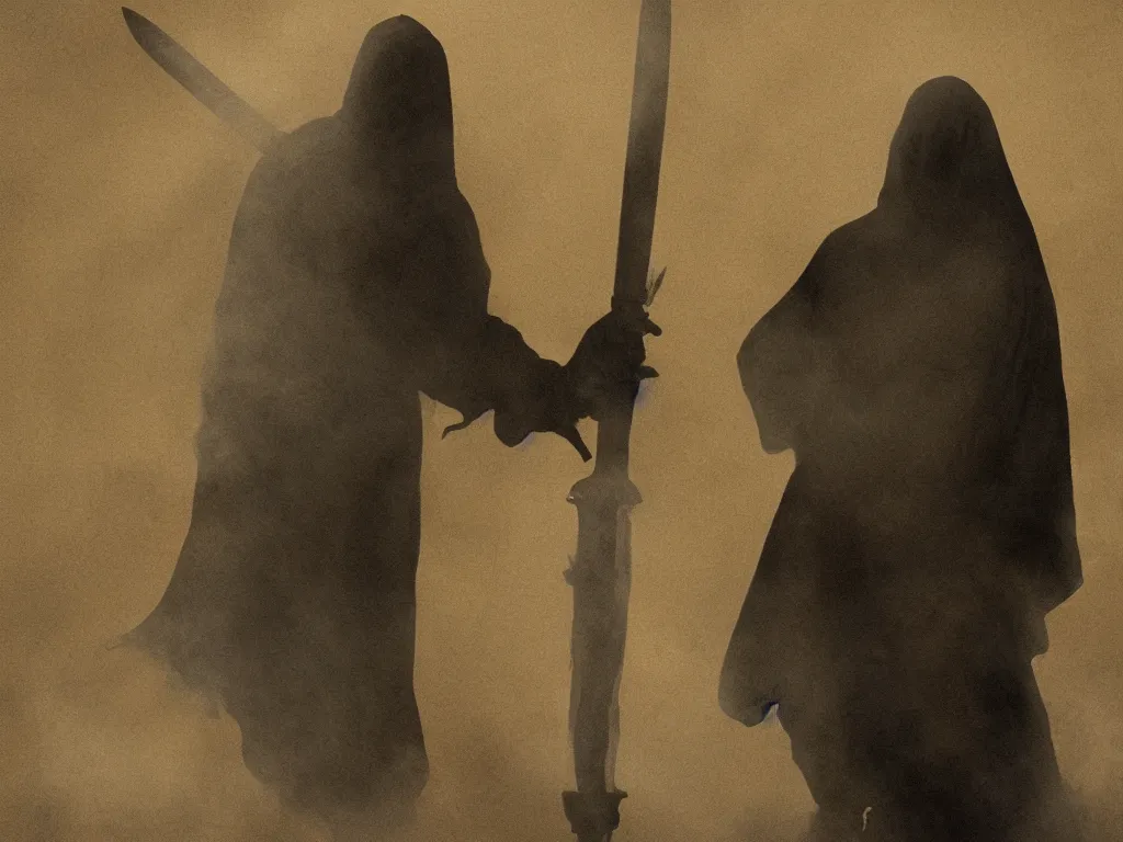 Image similar to a cloaked man holding a sword, shadows, smoke, mist